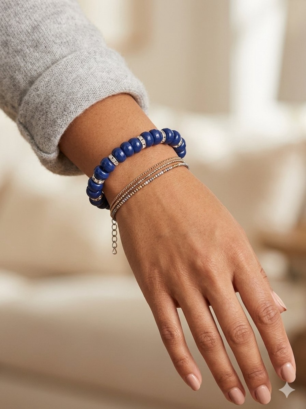 Elegant Navy Blue Beaded Stretch Bracelet with Silver Accents